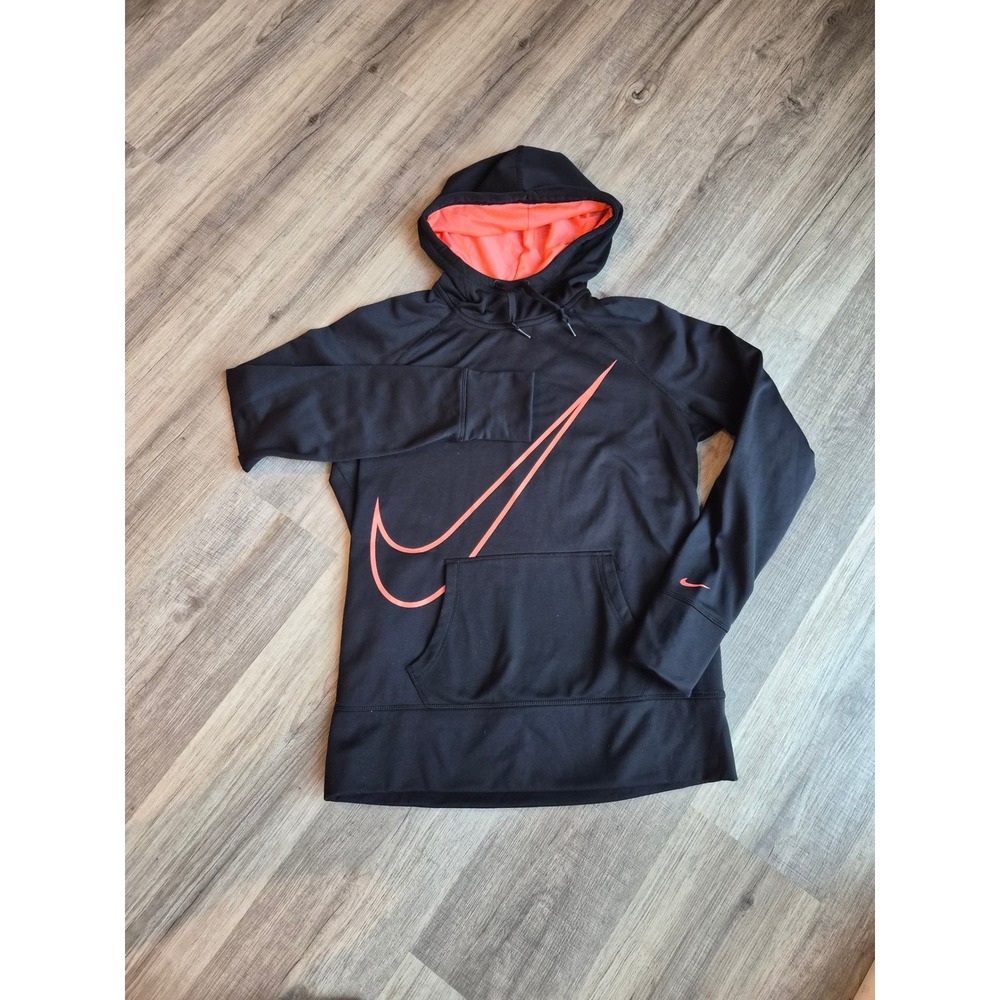 Nike Therma-FIT Hoodie Womens Large Black Neon Swoosh Pullover Thumbholes